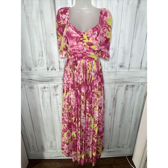 ROCOCO SAND HAVANA PINK GREEN FLORAL PUFF SLEEVE LINED PLEATED FULL MAXI DRESS S